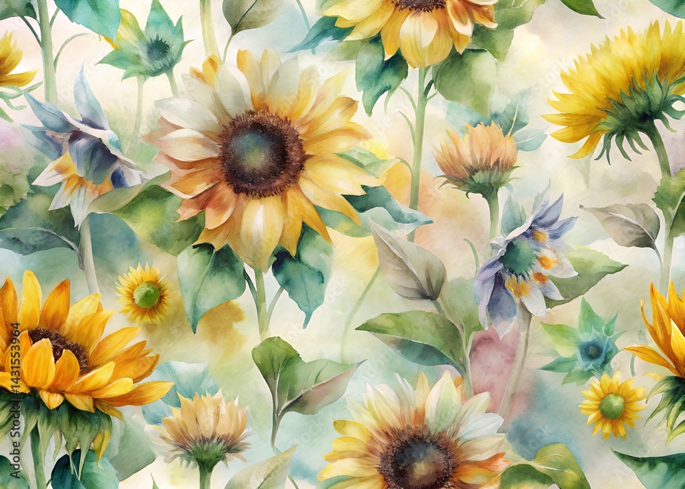 Watercolor Floral Pattern with Sunflowers , Water color Hand-drawn peony textile design, Water color background, floral pattern for wallpaper or fabric