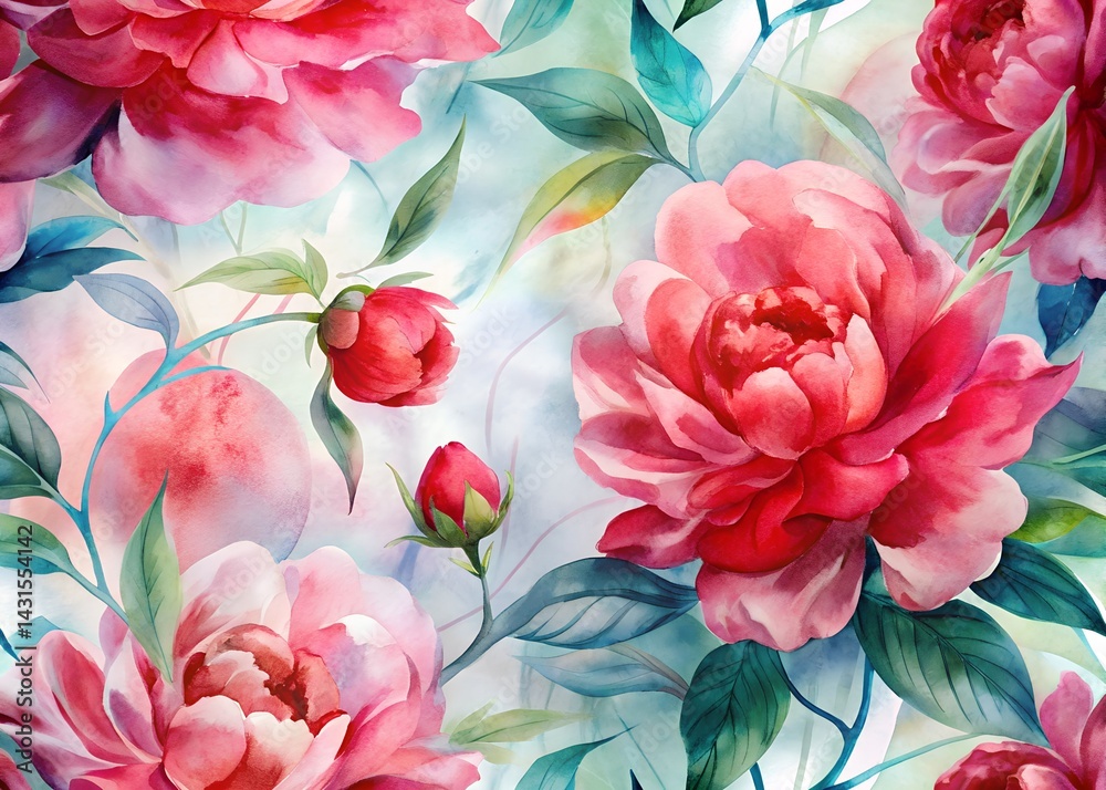 Vibrant Watercolor Floral Pattern with Peonies , Water color Hand-drawn peony textile design, Water color background, floral pattern for wallpaper or fabric