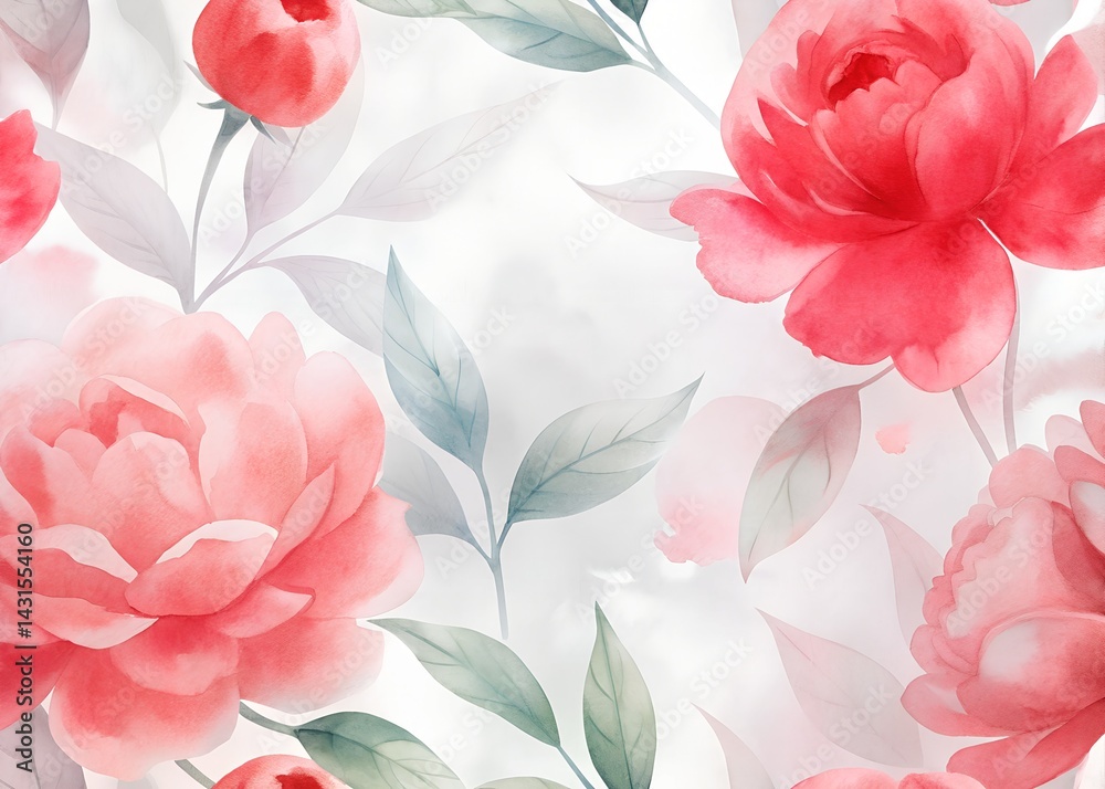 Vibrant Watercolor Floral Pattern with Peonies , Water color Hand-drawn peony textile design, Water color background, floral pattern for wallpaper or fabric
