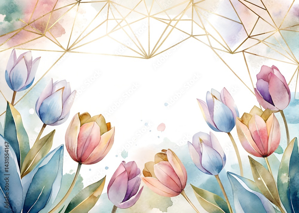 Watercolor Floral Frame with Geometric Design , Water color Hand-drawn peony textile design, Water color background, floral pattern for wallpaper or fabric