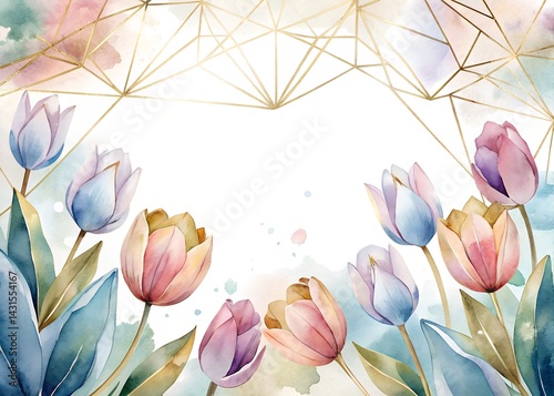 Obraz na płótnie Watercolor Floral Frame with Geometric Design , Water color Hand-drawn peony textile design, Water color background, floral pattern for wallpaper or fabric w salonie