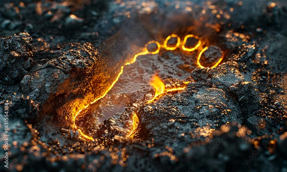 Glowing Footprint in Volcanic Ash with Smoke and Lava Background, Evoking Nature's Power Glowing Footprint in Volcanic Ash with Smoke and Lava Background, Evoking Nature's Power