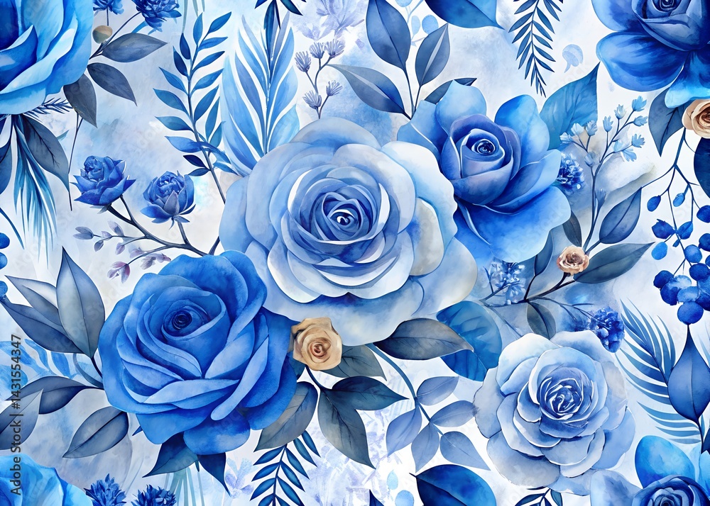 Watercolor Floral Pattern of Blue Roses , Water color Hand-drawn peony textile design, Water color background, floral pattern for wallpaper or fabric
