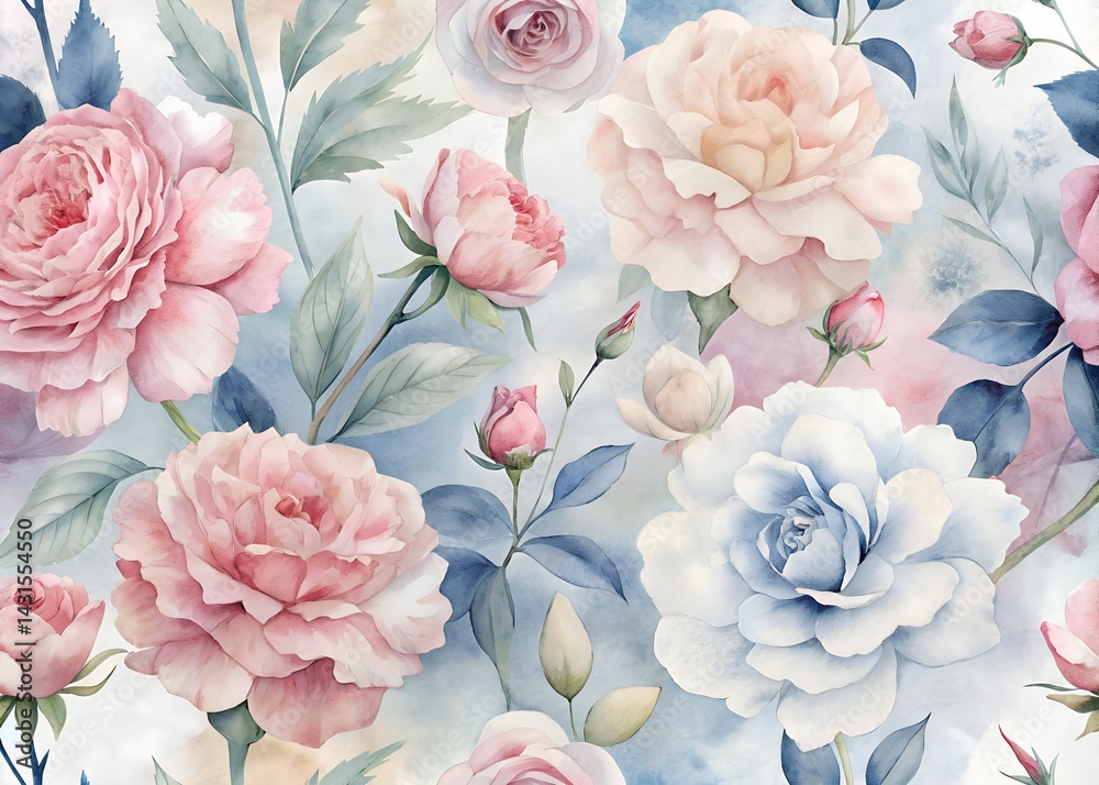 Watercolor Floral Pattern with Roses , Water color Hand-drawn peony textile design, Water color background, floral pattern for wallpaper or fabric
