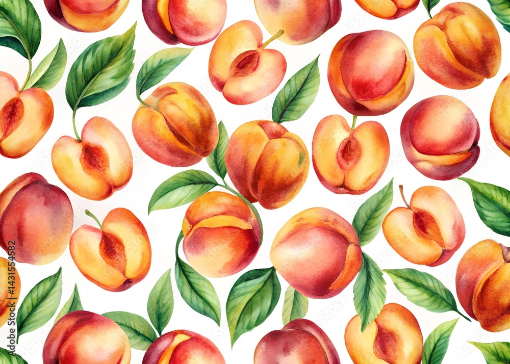 Peach Pattern with Leaves Illustration , Water color Hand-drawn peony textile design, Water color background, floral pattern for wallpaper or fabric