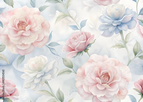 Watercolor Floral Pattern with Roses , Water color Hand-drawn peony textile design, Water color background, floral pattern for wallpaper or fabric