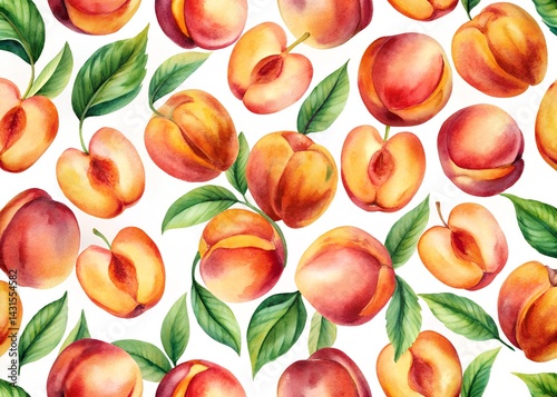 Obraz na płótnie Peach Pattern with Leaves Illustration , Water color Hand-drawn peony textile design, Water color background, floral pattern for wallpaper or fabric w salonie