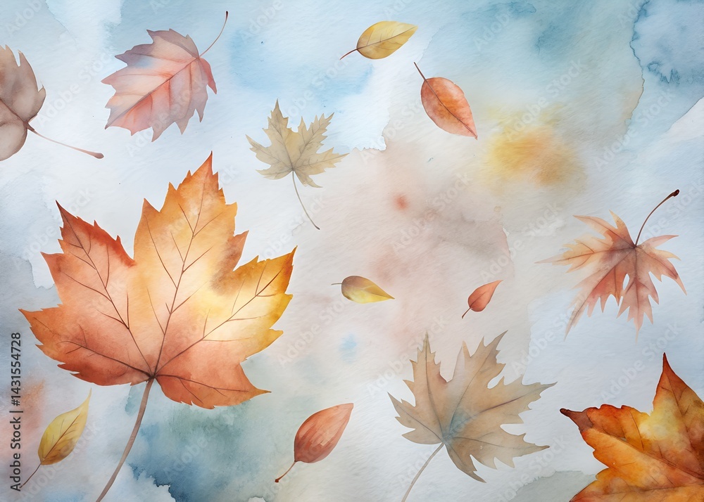 Watercolor Autumn Leaves Background , Water color Hand-drawn peony textile design, Water color background, floral pattern for wallpaper or fabric