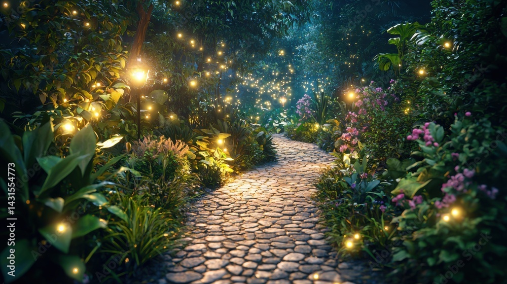 Fototapeta premium Enchanted Pathway Through Lush Greenery with Magical Fireflies