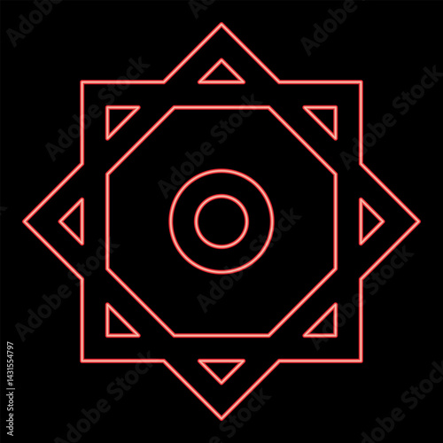 Neon symbol Rub el Hizb Islam Ramadan equilibrium of static dynamic Sacred geometry red color vector illustration image flat style