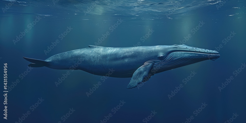 Obraz premium The picture of the blue whale is swimming in the ocean with the bright light of the sun, blue whale is the largest mammal animal known to have ever existed, both in terms of length and weight. AIG51.