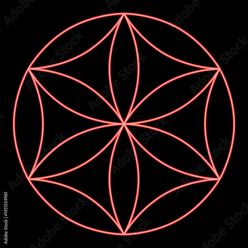 Neon flower of life Sacred geometry red color vector illustration image flat style