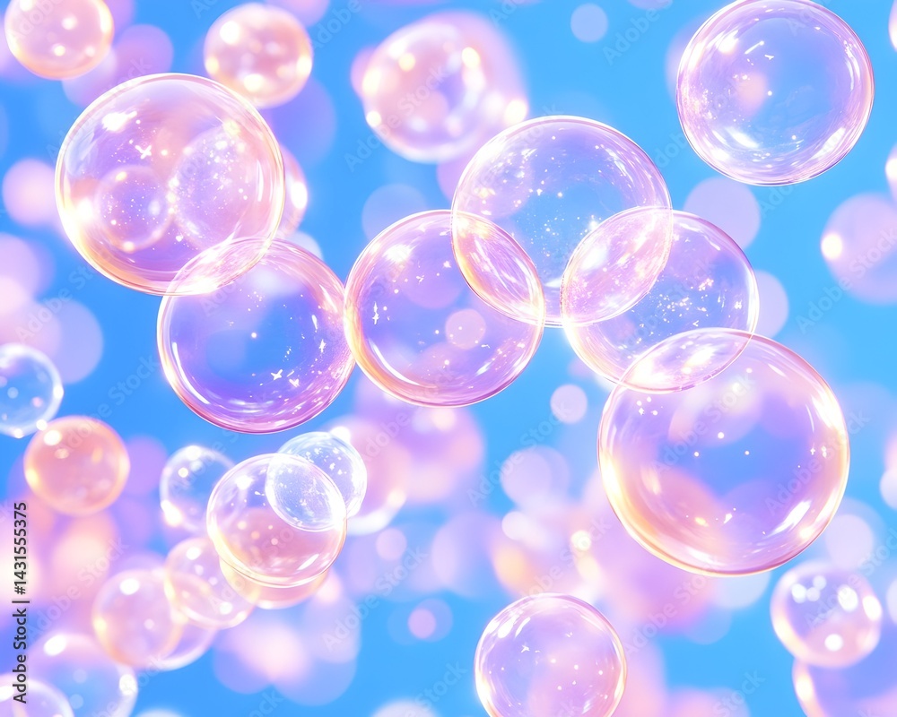 Shimmering iridescent bubbles floating against a light blue background Shimmering iridescent bubbles floating against a light blue background