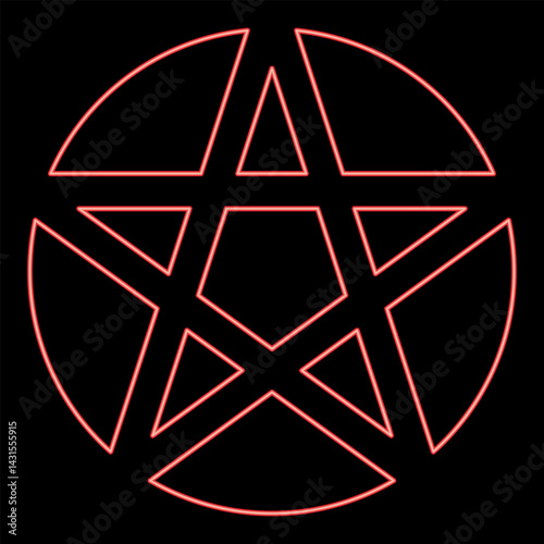 Neon pentakl Neopagan Wicca Pentacle Neo paganism sign five pointed star in circle inside round Pentagram magic symbol red color vector illustration image flat style