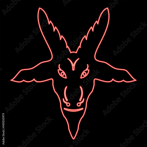 Neon head goat Symbol Satanism of Lavaeus Sigil of Baphomet sign red color vector illustration image flat style