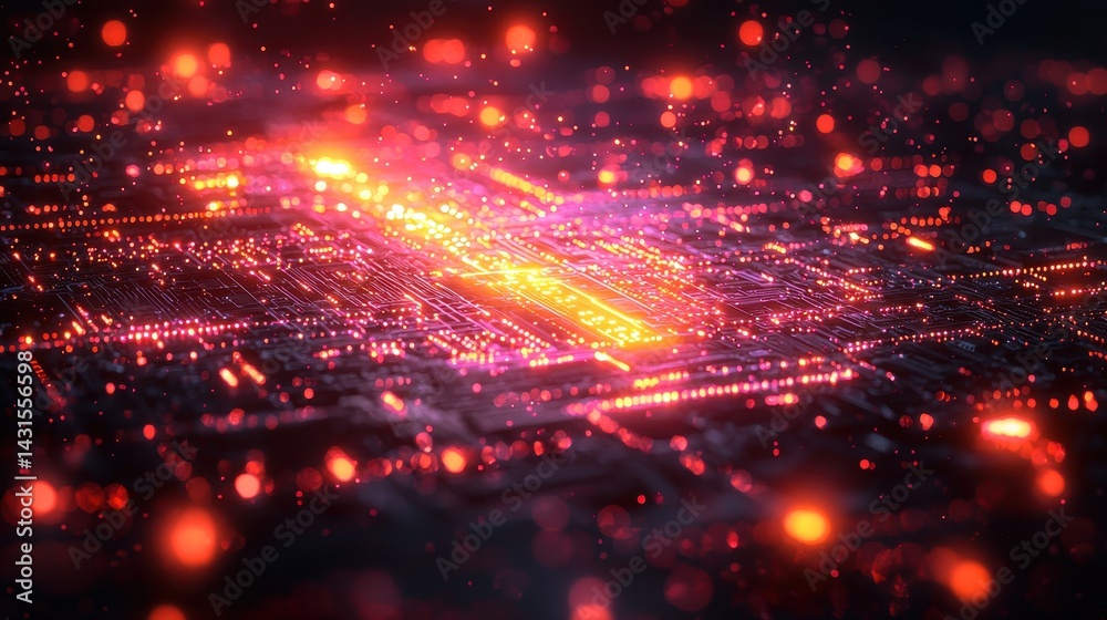 Fototapeta premium Abstract digital landscape with glowing circuits and particles in vibrant colors