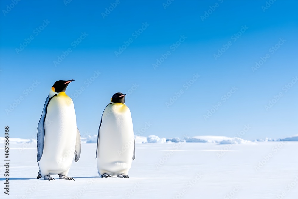 Naklejka premium Two penguins standing on a snowy plain with a blue sky