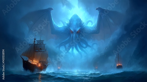 Colossal sea monster confronts sailing ships in a dark, stormy ocean