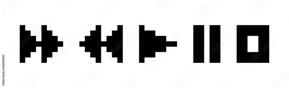 Pixelated Media Control Icons, Play Pause Stop, Retro Interface Symbols, 8-Bit Style Buttons, Minimal Design, pixel art, Media Control Icons. Pixelated Media Control Icons, Play Pause Stop, Retro Interface Symbols, 8-Bit Style Buttons, Minimal Design, pixel art, Media Control Icons.