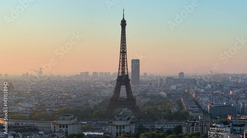 Aerial view of Experience the breathtaking beauty of a stunning Paris sunrise with the iconic Eiffel Tower. France