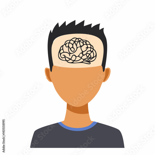 Concept of psychotherapy, brainstorming and mental problem solving. Vector illustration. Brain as tangled knot in opened man head.
