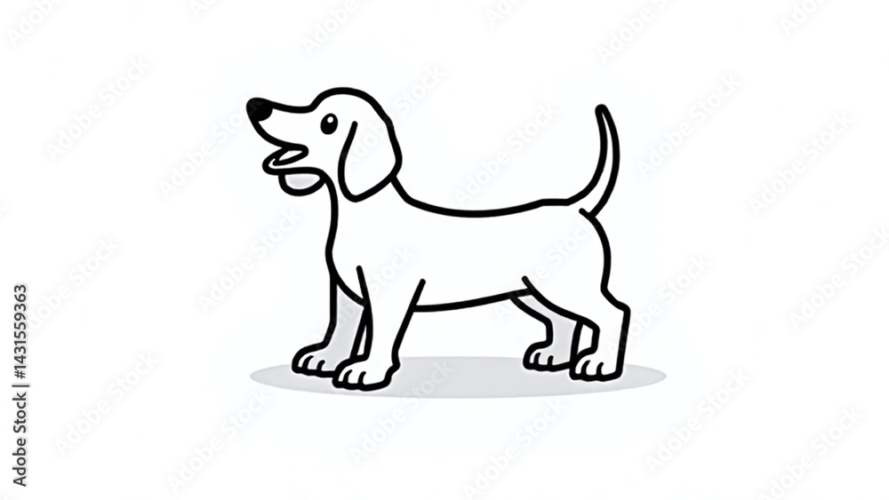 Fototapeta premium Simple line drawing of a dog standing on a white background looking happy