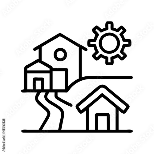 Real estate development and property management icon showcasing houses and construction gear symbol