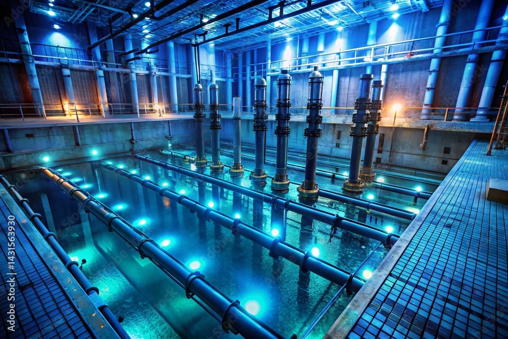 Eerie Blue Cherenkov Glow: Spent Nuclear Fuel Rods in Cooling Pool