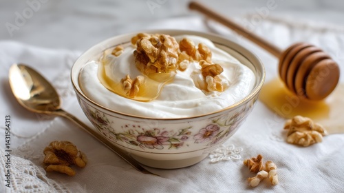 Greek yoghurt with honey and walnuts in a bowl. Healthy breakfast. photo.