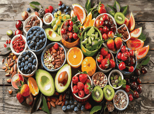 Healthy food selection Assorted superfoods Fresh fruits and berries Mixed nuts and seeds Superfood flat lay 