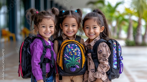 Three girls with backpacks smiling at school