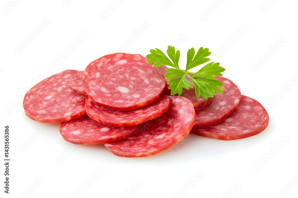 Thinly sliced salami with parsley garnish on a white background Thinly sliced salami with parsley garnish on a white background
