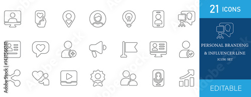 Minimal line icon set for personal branding and influencer content. Includes user, profile, camera, idea, video, microphone, and social media symbols. Perfect for digital creatives
