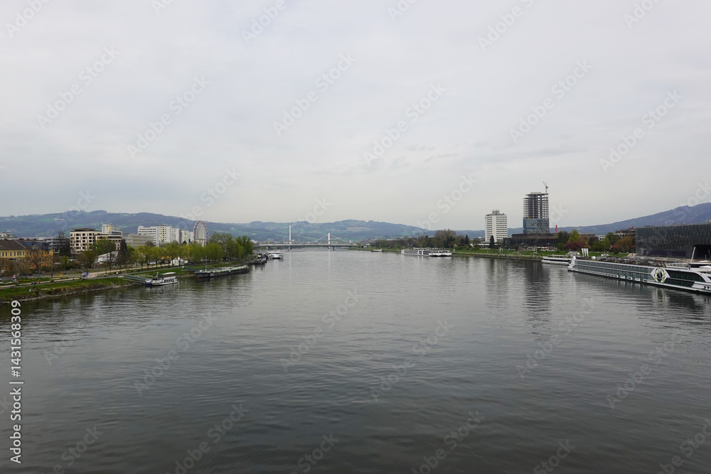 A riverside embankment in Linz, the river Danube, Austria