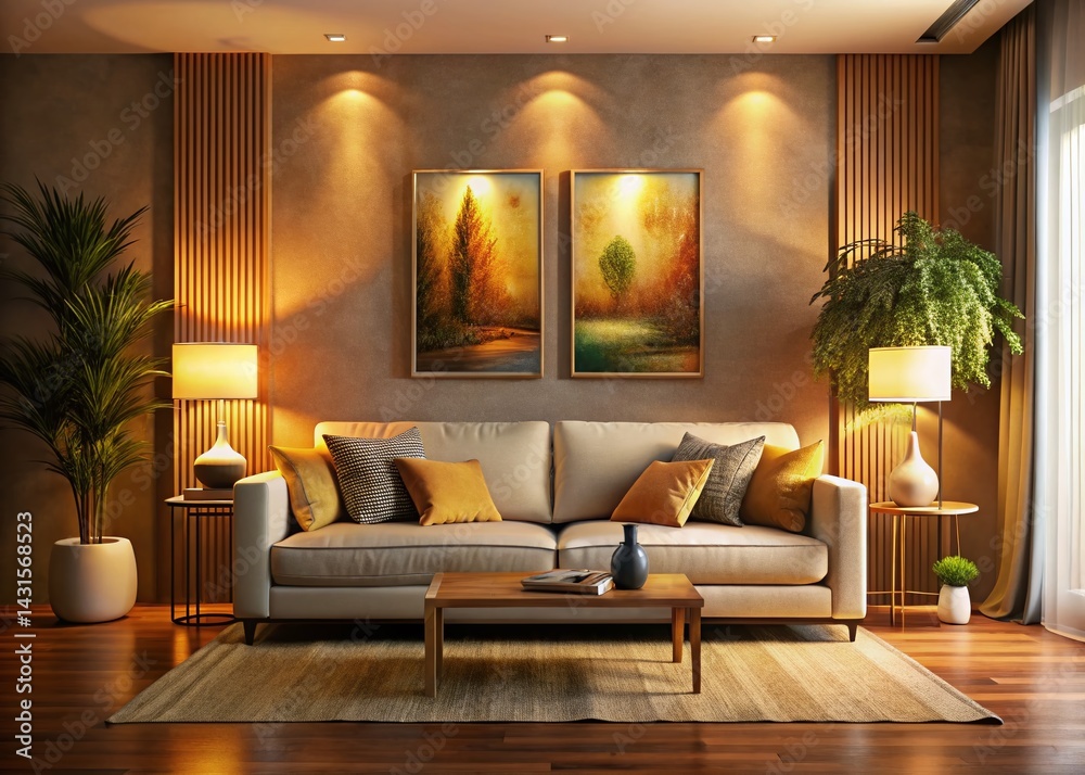 Elegant Cream Sofa Living Room Interior Night Photography - Soft Lighting, Wooden Accents, Abstract Art