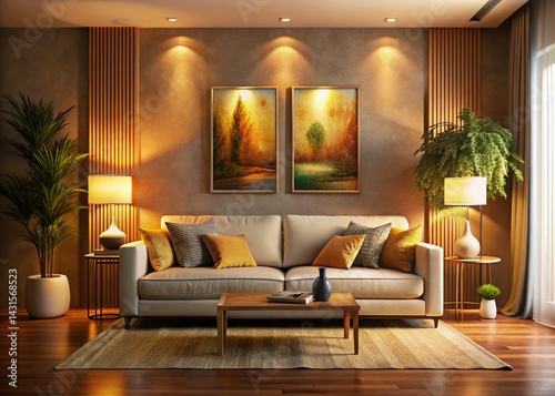 Obraz na płótnie Elegant Cream Sofa Living Room Interior Night Photography - Soft Lighting, Wooden Accents, Abstract Art w salonie