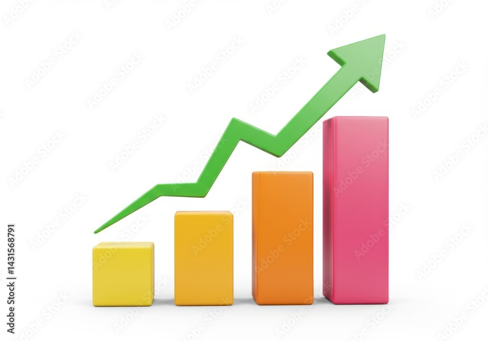Colorful bar graph with a green arrow showing upward progression isolated on white background Colorful bar graph with a green arrow showing upward progression isolated on white background