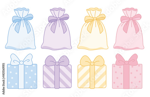 Gift bags and present boxes with elegant bows with polka dots and striped patterns. Desig for birthday cards, baby shower decorations, party invitations, gift wrapping