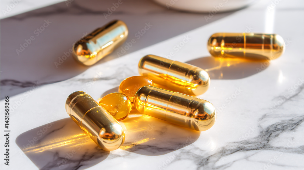 Naklejka premium Handful of golden Vitamin E capsules on marble surface, radiant luxury skincare supplements, elegant glowing wellness vibe