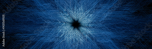 Futuristic dark tech background with glowing blue lines radiating from the center, depicting a digital network and the flow of information in cyberspace. 3D render