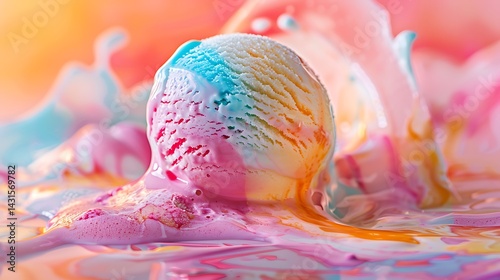 A colorful scoop of ice cream melting against a vibrant background.