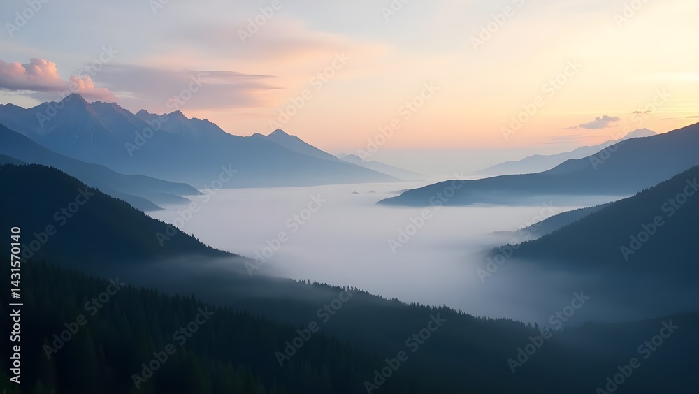 Obraz premium Mountains Emerging From Mist at Dawn Scenic Landscape