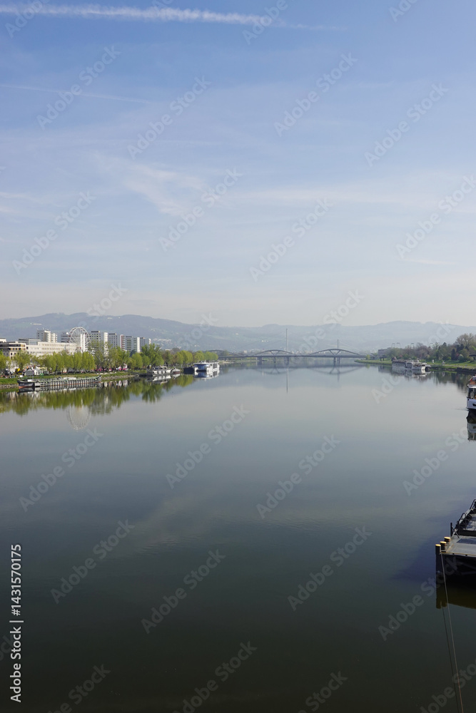 A riverside embankment in Linz, the river Danube, Austria