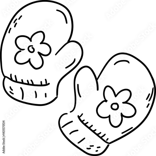 Hand drawn Baby Shower doodle clipart. Two illustrated mittens with floral designs, emphasizing warmth and fashion.