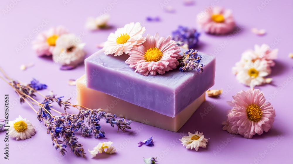 Handmade lavender soap bar with fresh flowers on purple background, aromatic herbal beauty skincare product, natural wellness scene Handmade lavender soap bar with fresh flowers on purple background, aromatic herbal beauty skincare product, natural wellness scene