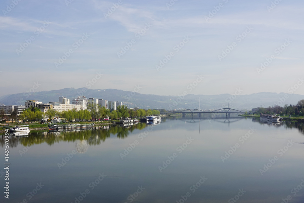 A riverside embankment in Linz, the river Danube, Austria