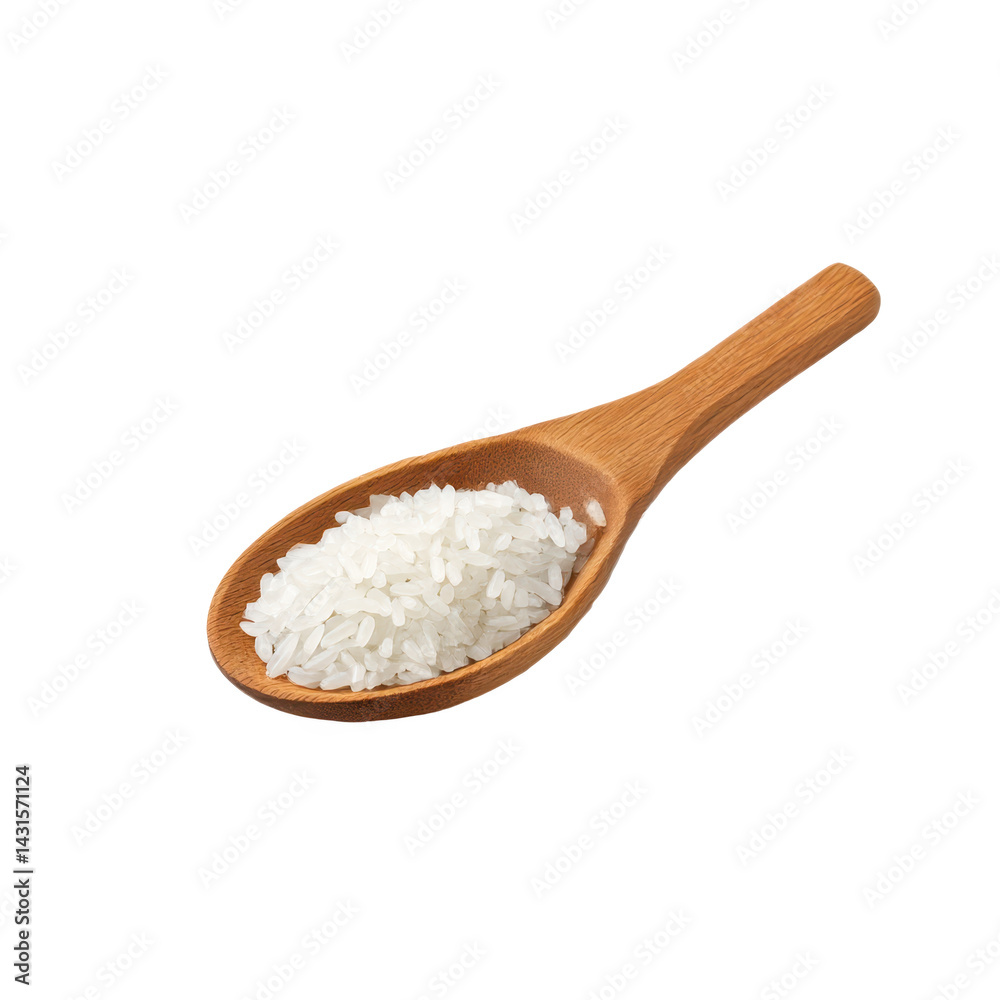 Rice in wooden spoon, close up isolated on white background