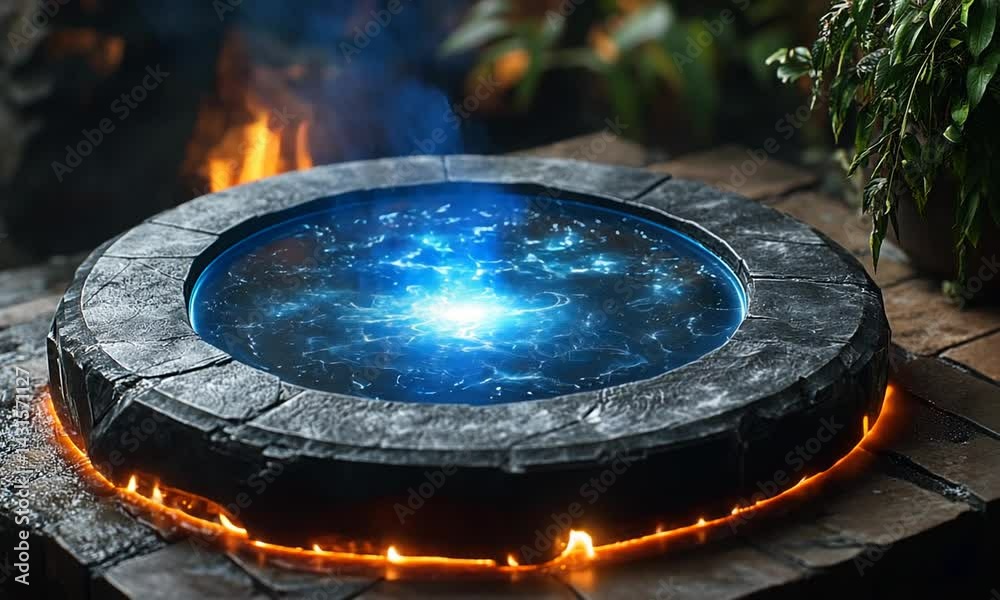 Mystical portal surrounded by stone, emitting blue light and smoke in a lush forest setting