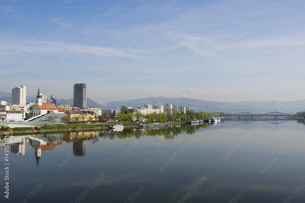 A riverside embankment in Linz, the river Danube, Austria