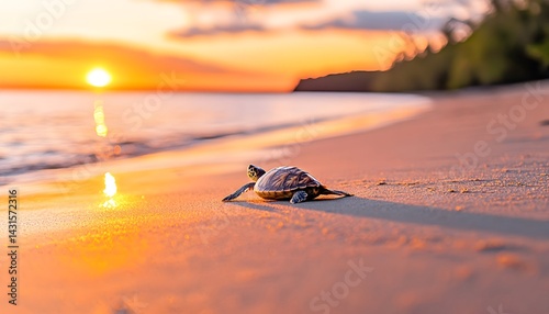 A small turtle walks on the beach toward the setting sun